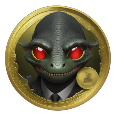 Reptilian with red laser eyes in black suite on the golden coin sticker