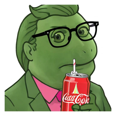 Donald trump with gay glasses a pink shirt and rainbow nails with weird huge eyebrows and a Diet Coke  sticker