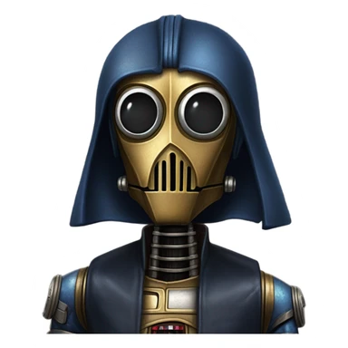 well-equipped jedi first order human-sized darkblue-pearl C3po as a friendly bounty hunter droid wearing a leather attire old west duster coat holding light saber ready to fight but relaxed. antiqued sticker