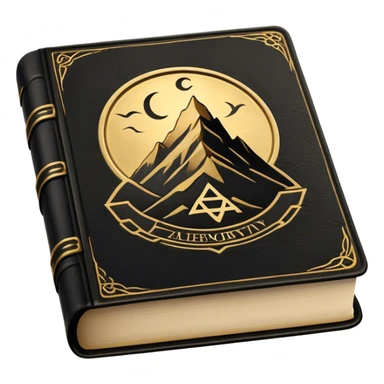 A black and gold book with an aged leather texture, embossed with an alchemical symbol, a compass, or a forging hammer, exuding wisdom, mastery, and the relentless pursuit of greatness. - book on mastery ... silhouette of a mountain  sticker