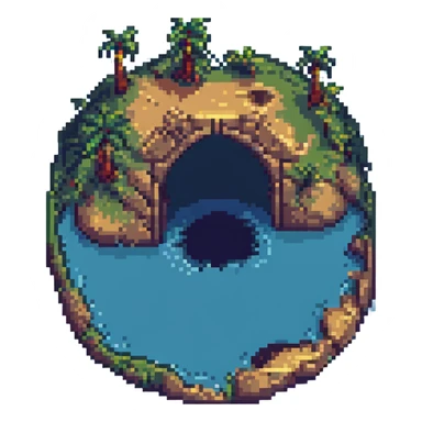 Make the island longer, then add a large hole or arch through it, keeping the pixel art style. sticker