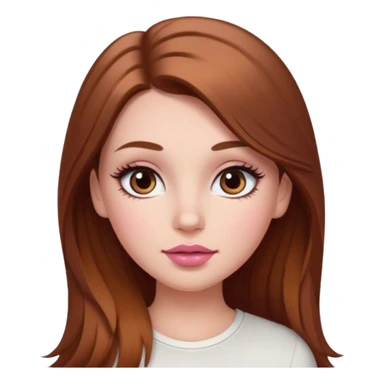 white girl with long brown hair with caramel highlights wearing a white top. Blush on the cheeks and big eyelashes and a brown-pink lip combo  sticker