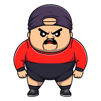 Extreme close-up of face of morbidly obese white skin guy with young face, prominent BLACK DURAG tied clearly on head, black beard but no mustache, clean shaven upper lip, black eyes in a red and black wrestling singlet with angry expression sticker