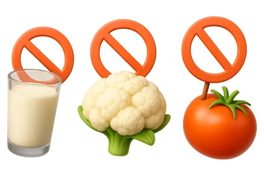 emoji stile iphone di un BICCHIERE DI LATTE CAVOLFIORE E POMODORO CHE FLUTTUANO IN ARIA CON DIVIETI IN MANO, iperrealistico 4k, isolato su sfondo bianco sticker