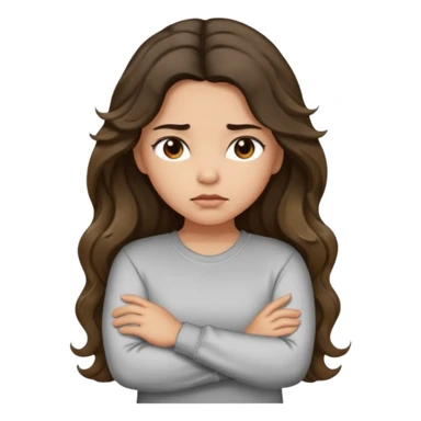 Hispanic light tan girl with long dark wavy hair with arms folded and pouting. Wearing a long sleeve. Hair with middle part. sticker