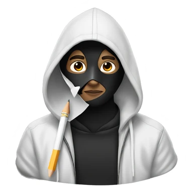 White Male artist wearing white drama mask and black hoodie holding pencil sticker