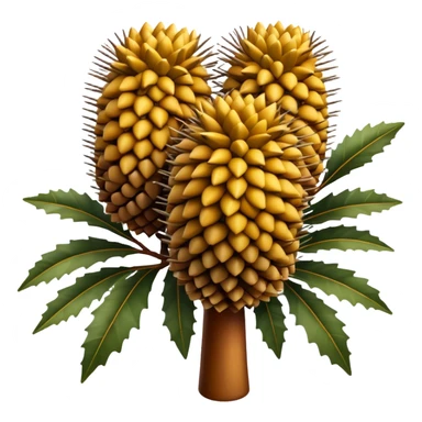 Cinematic Realistic Banksia Emoji, Bold and striking, with spiky, cylindrical flower heads covered in rich golden hues. The leaves are thick and leathery, adding a sense of strength to this unique and iconic tree. Soft glowing outline, capturing the essence of Australian ruggedness and floral beauty in a distinctive banksia tree! sticker
