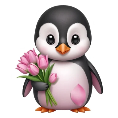 Cute baby penguin holding flower bouquet wraped in white paper and all flowers tulips in pink colour sticker