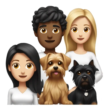 A white man with black hair, a white woman with brown hair, a Yorkshire terrier and a black dog with white breasts sticker