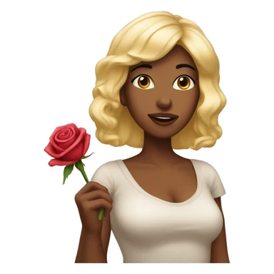 A blond women named rose, with dark hair bangs and making a kissy face, while holding a rose in her hand sticker