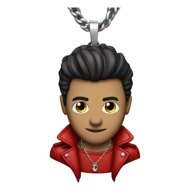 man with hair red, wearing a black leather jacket coupled with a bright red shirt underneath that had a winged skull imprint on the front of it. Additionally, he wore a single silver chain hanging down from his neck  sticker