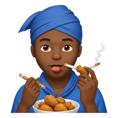 black man eating fried chicken with blue bandana and cigarette in teeth. Create this emoji in apple emojis style sticker