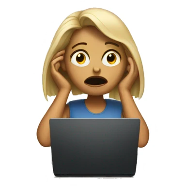 crying woman sitting at her desk with laptop sticker