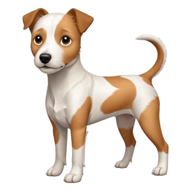 a full body white parson russell looking dog the size of a kelpie with light brown ears and a light brown patch on one eye and a large snout sticker