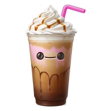 Caramel iced coffee with whipped cream and caramel drizzle with light pink straw sticker