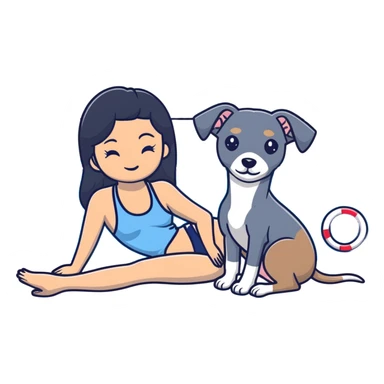 Slim Chinese woman with long black hair in appropriate pool attire relaxing by a swimming pool with her Italian greyhound that is COMPLETELY solid grey, with absolutely NO white markings anywhere, single uniform grey color throughout entire dog body sticker