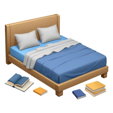 messy bed with a wrinkled blanket, the pillow out of place on the floor. Around the bed, scattered items include a t-shirt, pants, and an open book on the floor. sticker