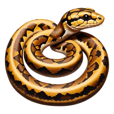 A photo-realistic top-down view of a Ball Python gently coiled into a tight spiral, with its head resting peacefully at the center. Its scales are warm brown with bold, irregular black markings, including the distinctive “alien-head” pattern, flowing smoothly along its body.  sticker