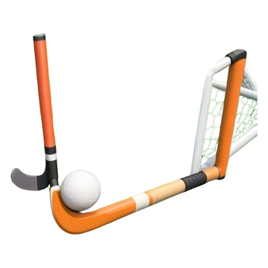 A field hockey stick and ball positioned on a vibrant green grass field, with the goalposts and clear field markings in the background. The scene highlights the lush, well-maintained turf, emphasizing the speed and precision of the sport in an energizing outdoor setting. sticker