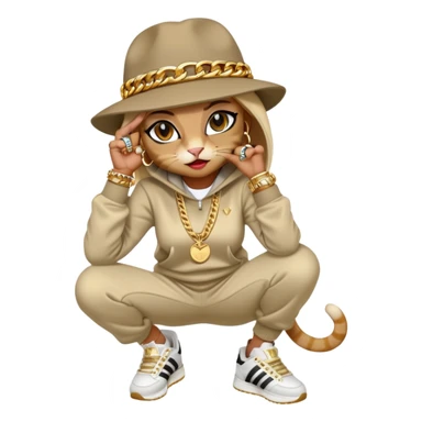 female cat wearing Run DMC hip-hop outfit with tracksuit, fedora, Adidas sneakers, many gold chains, rings, bracelets, flashy earrings, whispering to a friend, no sunglasses sticker