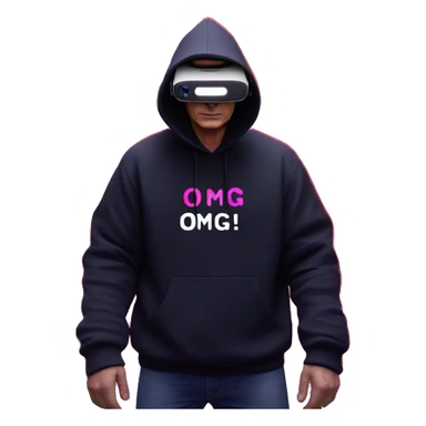 Vladimir Putin wearing a black hoodie with "OMG" letters on it and VR headset oculus quest 2 in a cyberpunk VR environment with violet neon lighting. sticker