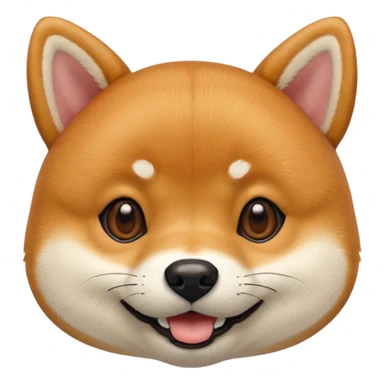 Head of a Shiba Inu dog in Apple emoji style, orange-brown fur with white muzzle and cheeks, round face, big black eyes, perky ears, grinning with closed mouth, no tongue, front-facing, glossy texture, soft shadows
 sticker