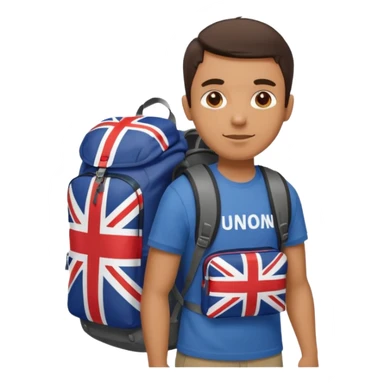 A guy with a hiking backpack and a Union Jack on his T-shirt holds the Union Jack. sticker