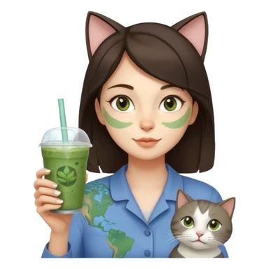 a brunette woman in here 30S drinking an iced matcha, carrying a grey cat and a map of the world sticker