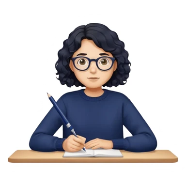 Reliable-looking designer with wavy black hair, round glasses, navy blue sweater, organized, holding pen with competent expression sticker