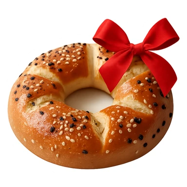 Add a red ribbon on the top right side of the simit. Remove the background so the simit with the ribbon is isolated. sticker