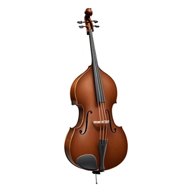 Create an elegant and detailed emoji representing a Gliga Gama double bass with bow. The design should showcase the large, sleek body of the double bass with its rich wood finish, including the characteristic curves and deep tone holes. The bow should be elegantly positioned next to the instrument, highlighting the hair and smooth wooden stick. Use warm wood tones like chestnut brown for the body of the bass, silver accents for the fittings, and dark brown for the bow. Add subtle musical notes or sound waves flowing from the bass to represent its deep, resonant sound. The background should be transparent. sticker