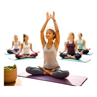 A person moves through a gentle yoga pose in the morning sun, one hand reaching up, the other near a plate of vibrant whole foods and a bottle of water. A cozy bed sits behind them, glowing softly. Nearby, a small group of friends laughs together under a tree—health, movement, nourishment, rest,  sticker