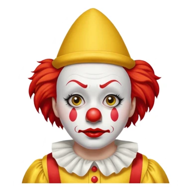 Yellow pointed hat with a red tip.

Red hair sticking out on the sides.

White face paint with black eyebrows, red nose, and red lips.

Wearing a yellow clown costume with red buttons.

Sad, concerned expression. sticker