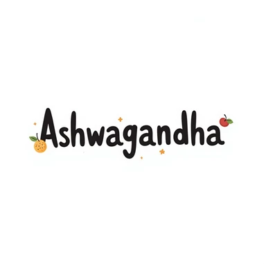 The word "Ashwagandha" hand-drawn in white text with a dark background and just a few colorful accents. Simple doodle style with minimal decoration. sticker