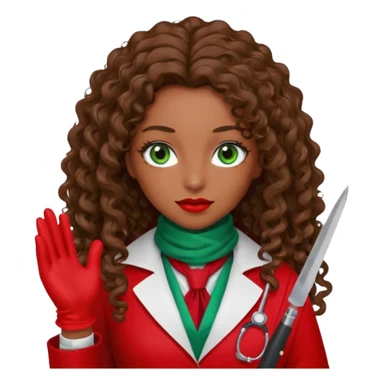 Lilith scalpel in hand, evil surgeon sexy surgeon clothes.  She has green  eyes. She brown long curly hair. Wears sexy doctor outfit with red gloves. Outfit is also red. hair is free and brown. Hides face by using a red scarf sticker