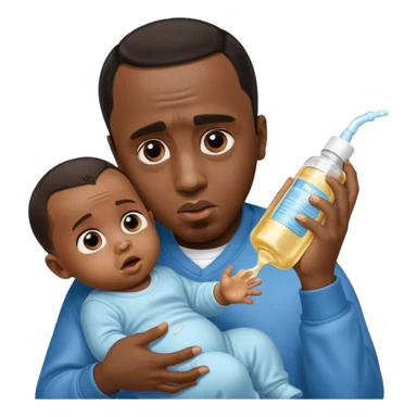 Sean “Diddy” Combs with baby oil and a very small infant and he’s pouring the baby oil on the baby and they have a scared face they’re really scared sticker