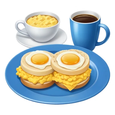 a blue plate with breakfast sandwiches and scrambled eggs and a cup of white coffee sticker