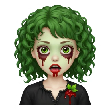 Green zombie emoji girl with curly Brown hair, with curly bangs, wearing a black bluse, blood Just in the tongue  sticker