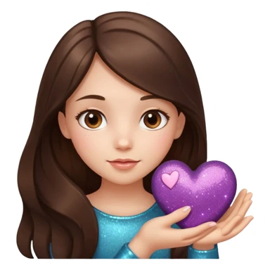 girl with long hair brunette holds soft brown heart with glitter in hand sticker