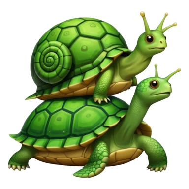 A snail is perched on the back of a turtle. sticker