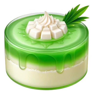Cinematic Realistic Coconut Pandan Jelly Dessert Emoji, showcasing a delicate, translucent jelly infused with coconut and pandan rendered with lifelike detail and soft, tropical lighting. sticker