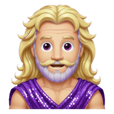Zeus from Olympus Gods with long blonde wavy hair and beard, purple sequin loincloth sticker