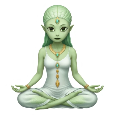 a Reptilian alien woman,in meditation, white dress like a priestess sticker