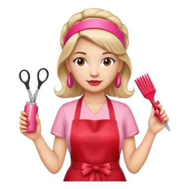 Female hairdresser with headband, wearing red apron, holding pink nail polish bottle and scissors, beauty salon employee sticker