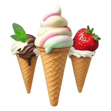 Ice cream cone with 4 scoops vanilla chocolate strawberry and mint sticker