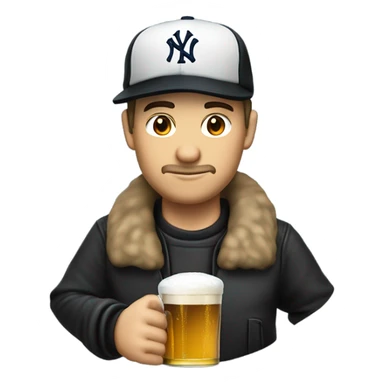 Homme blanc / cheveux courts noir / mal rasé / casquette noir yankees noir / avec une bière sticker