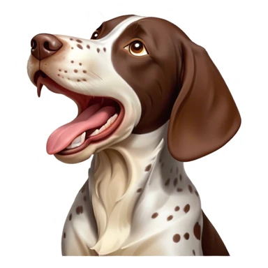 Cinematic Comical German Pointer Dog Portrait Emoji, Head tilted dramatically while yawning exaggeratedly, sleek brown and white coat with subtle spots, Simplified yet hilariously adorable features, highly detailed, glowing with an almost sarcastic glow, high shine, a mix of lazy and disinterested, stylized with a touch of playful whimsy, bright and alert but with a hilariously bored expression, soft glowing outline, capturing the essence of a mischievous yet overly dramatic dog, so meme-worthy it feels like it could leap off the screen and sarcastically demand attention, perfect for the internet's next viral meme! sticker