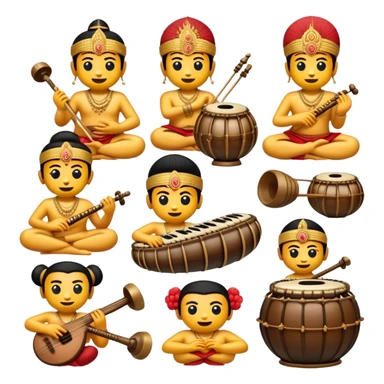 Cinematic Realistic Gamelan Pop Culture Emoji, depicted with an ensemble of traditional Indonesian instruments rendered with rich textures and rhythmic, cultural lighting. sticker