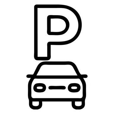 Add a car silhouette below the letter P, keep the outlined, minimal, monochrome classic icon style with no background. sticker