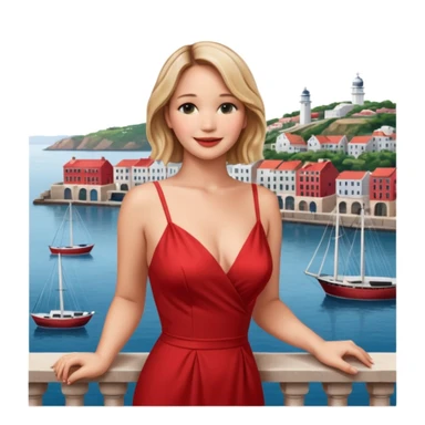 jennifer lawrence, red dress leaning on a balcony with a harbor and cityscape in the background, smiling, closeup sticker